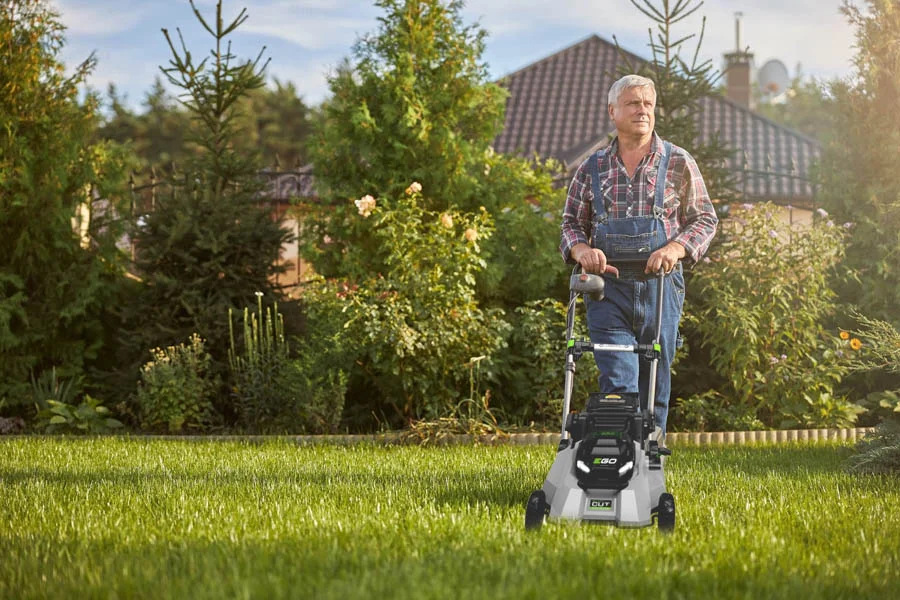 self-propelled electric lawn mower with battery and charger